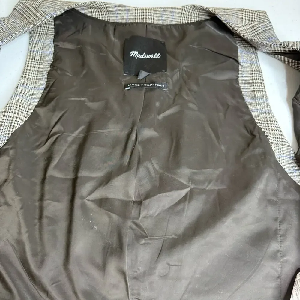 MADEWELL Wool Blend Waisted Vest in Yarn-Dye Plaid Brown Tan Career Women’s 14